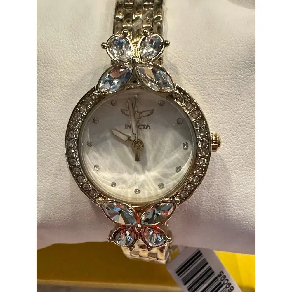 NWT Invicta Wildflower I 69095 Gold Tone Crystal Watch Mother of Pearl Dial